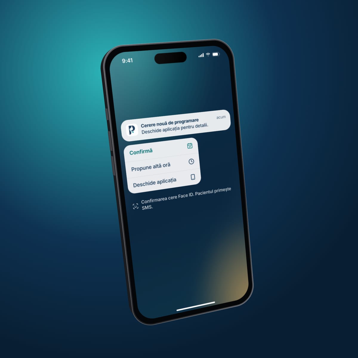 Telefon cu o notificare Profilmedic apăsată lung: acțiunile Confirmă, Propune altă oră și Deschide aplicația.