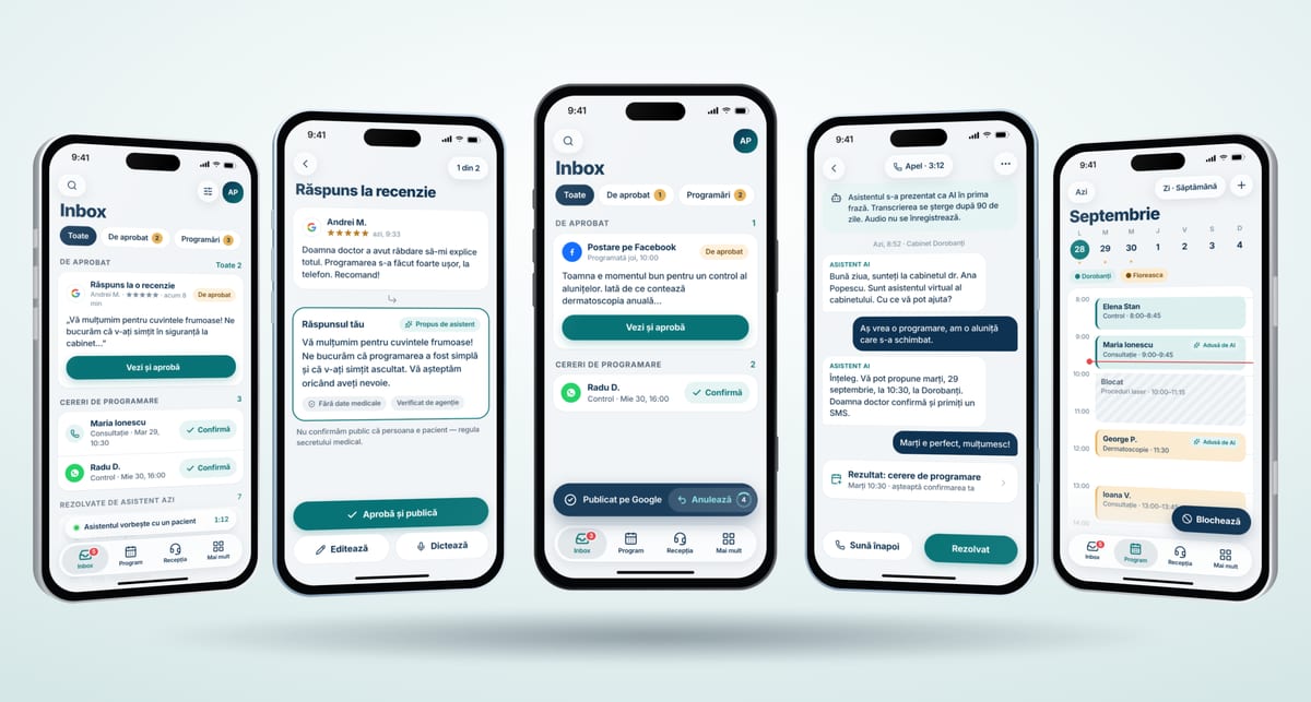 Cinci telefoane cu ecranele Inbox, Răspuns la recenzie, Publicat cu anulare, Conversația cu asistentul și Programul zilei.