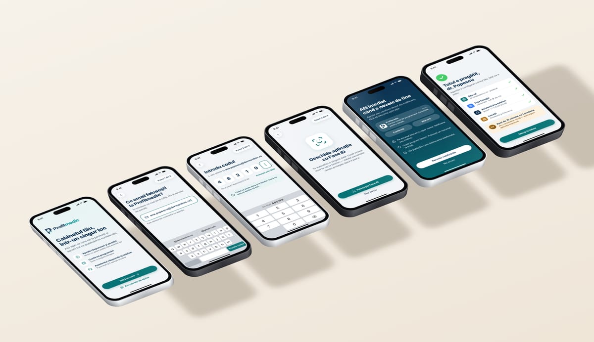 Șase telefoane așezate în diagonală, cu pașii primei deschideri: bun venit, email, cod, Face ID, notificări și contul configurat.