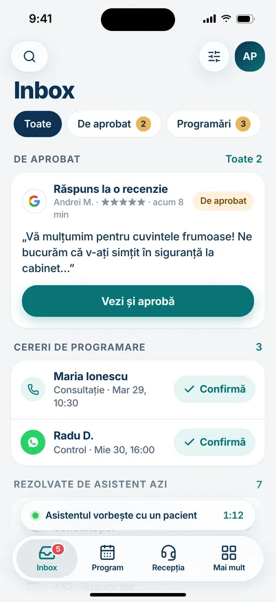 Ecranul Inbox, cu secțiunile De aprobat, Cereri de programare și Rezolvate de asistent azi.