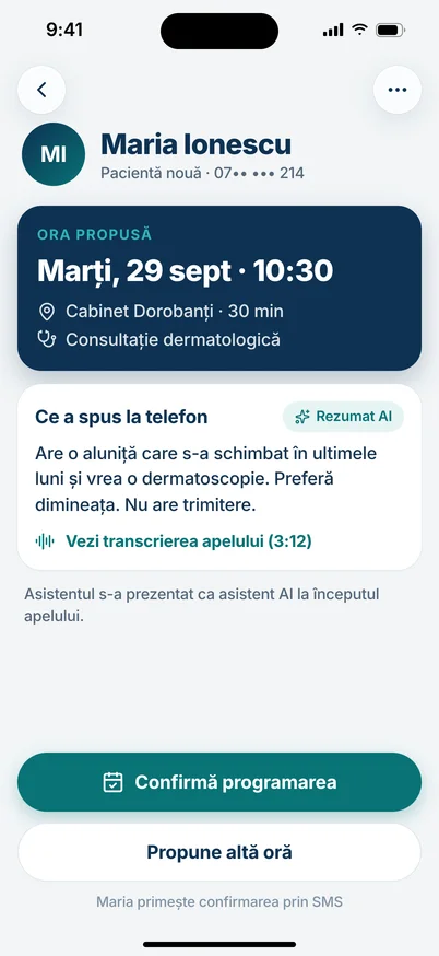 Ecranul unei cereri de programare, cu ora propusă și rezumatul apelului.