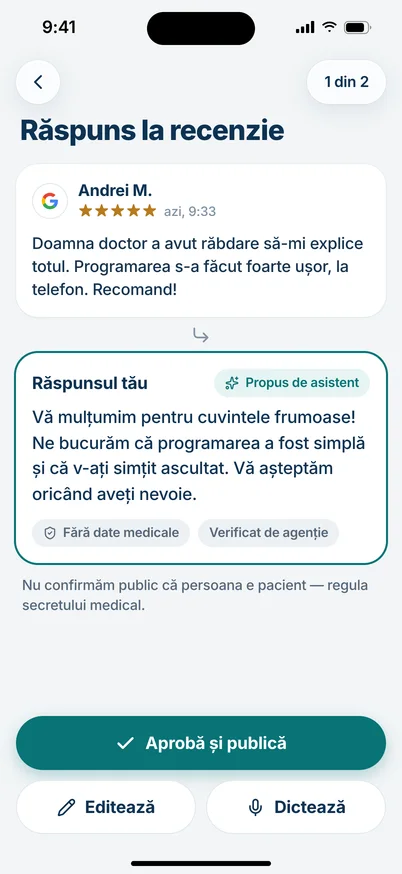 Ecranul de aprobare a unui răspuns la o recenzie de cinci stele.