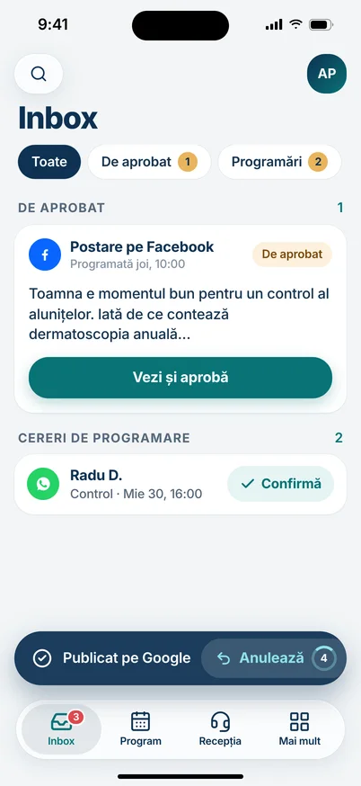 Inboxul după publicare, cu banda Publicat pe Google și butonul Anulează.