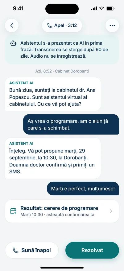 Transcrierea unui apel preluat de asistentul AI.