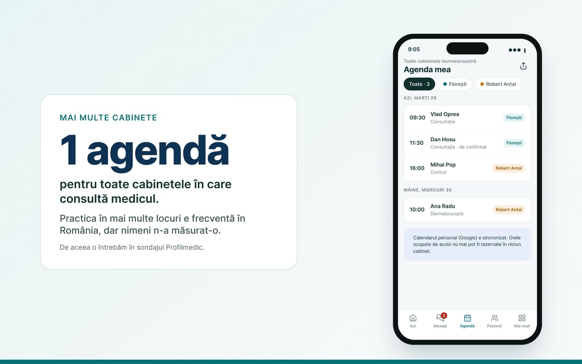 Machetă: ecranul Agenda mea din Profilmedic, cu programări din două cabinete marcate diferit și nota despre calendarul personal sincronizat.