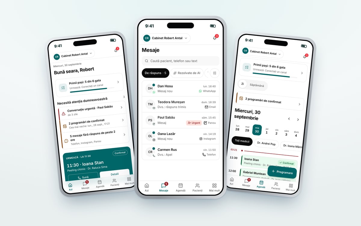 Trei telefoane cu panoul Profilmedic: ecranul Azi cu ce necesită atenția medicului, inboxul Mesaje cu conversații de pe WhatsApp, email, Instagram și telefon, și agenda zilei.