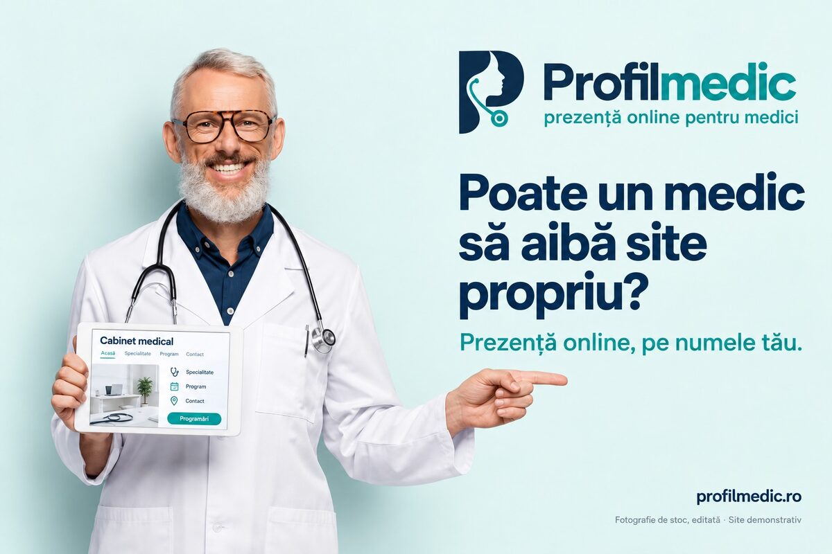 Medic cu stetoscop care ține o tabletă cu un site de cabinet și arată spre întrebarea „Poate un medic să aibă site propriu?”. Fotografie de stoc, editată; site demonstrativ.